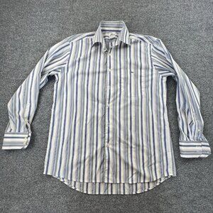 Lacoste Mens Striped Button Down Shirt Size 42 Blue Gray White Cotton Stretch